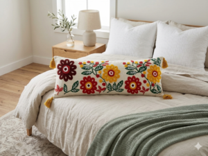 Gemini_Generated_Image_24hci724hci724hc Wisdom Decor Hand-Tufted Floral Lumbar Cushion Cover (14 x 36 Inch) – Decorative Boho Long Pillow Cover with Tassels, Artistic Embroidered Flower Design for Bed, Sofa, and Living Room Decor