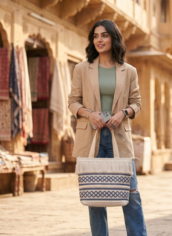Gemini_Generated_Image_2t9fhx2t9fhx2t9f Handwoven Cotton Tote Bag with Blue Geometric Pattern, Bohemian Tassels, and Pom-Poms – Stylish Shoulder Bag for Daily Use, Beach, and Travel
