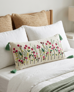 Embroidery Floral Lumbar Cushion Cover (14 x 36 Inch) – Decorative Boho Long Pillow Cover with Tassels, Artistic Embroidered Flower Design
