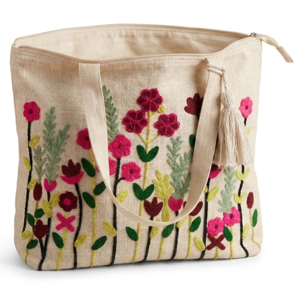 Floral Embroidered Canvas Tote Bag – Artisanal Boho Style Handbag with Tassel, Zipper Closure, and Spacious Interior for Books, Laptop, and Daily Essentials