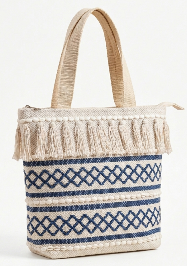 Gemini_Generated_Image_4zf0dn4zf0dn4zf0 Handwoven Cotton Tote Bag with Blue Geometric Pattern, Bohemian Tassels, and Pom-Poms – Stylish Shoulder Bag for Daily Use, Beach, and Travel