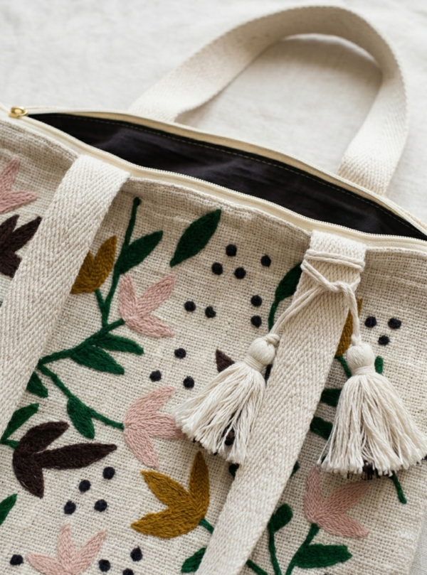 Gemini_Generated_Image_5n64fa5n64fa5n64 Hand-Embroidered Cotton Slub Tote Bag for Women | Premium Shoulder Bag with Zipper Closure & Tassel Accent | Eco-Friendly Shopping, Travel & College Handbag