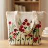 Floral Embroidered Canvas Tote Bag – Artisanal Boho Style Handbag with Tassel, Zipper Closure, and Spacious Interior for Books, Laptop, and Daily Essentials