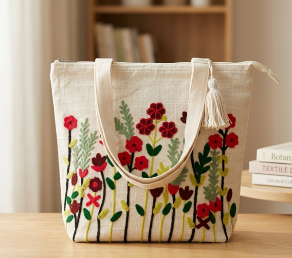 Floral Embroidered Canvas Tote Bag – Artisanal Boho Style Handbag with Tassel, Zipper Closure, and Spacious Interior for Books, Laptop, and Daily Essentials