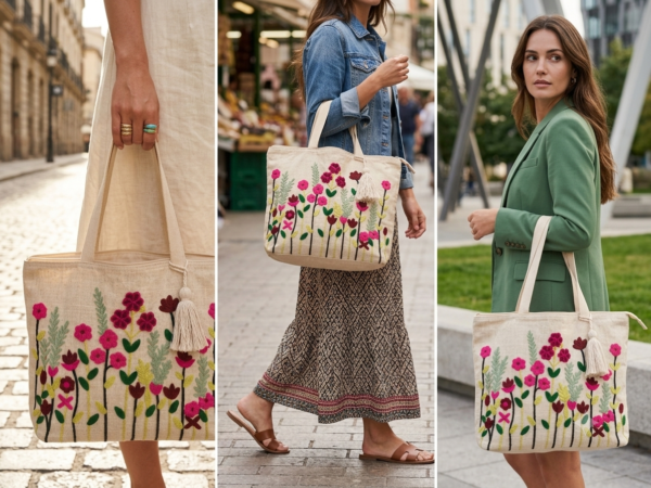 Floral Embroidered Canvas Tote Bag – Artisanal Boho Style Handbag with Tassel, Zipper Closure, and Spacious Interior for Books, Laptop, and Daily Essentials