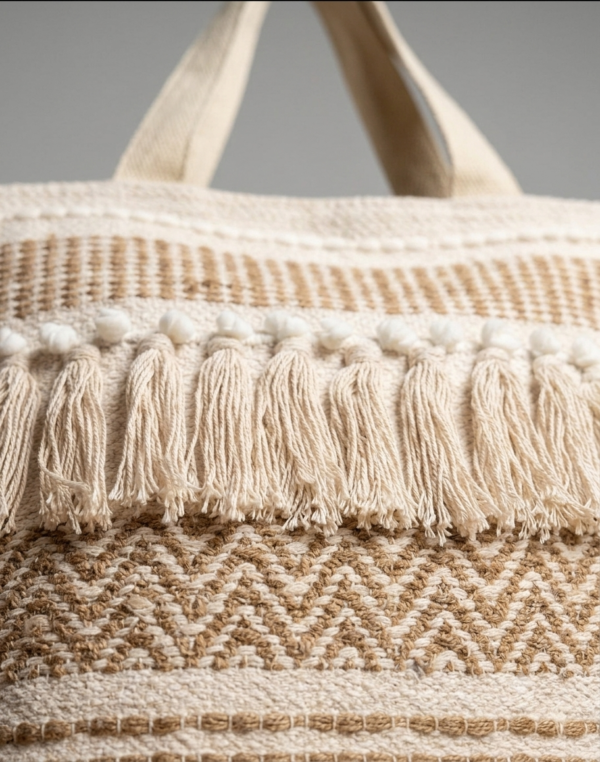 Handwoven Cotton Tote Bag with Bohemian Tassels and Pom-Poms – Stylish Textured Shoulder Bag for Daily Use, Beach, and Travel