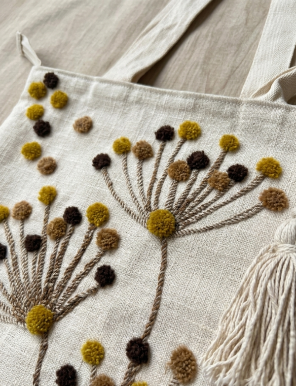 Hand-Embroidered Cotton Slub Tote Bag for Women | Premium Shoulder Bag with Zipper Closure & Tassel Accent | Eco-Friendly Shopping, Travel & College Handbag