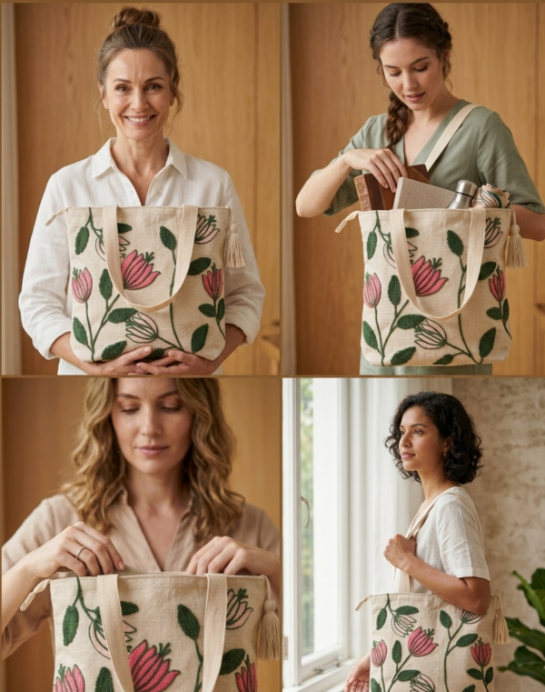 Gemini_Generated_Image_aapf5zaapf5zaapf Hand-Embroidered Cotton Slub Tote Bag for Women | Premium Shoulder Bag with Zipper Closure & Tassel Accent | Eco-Friendly Shopping, Travel & College Handbag