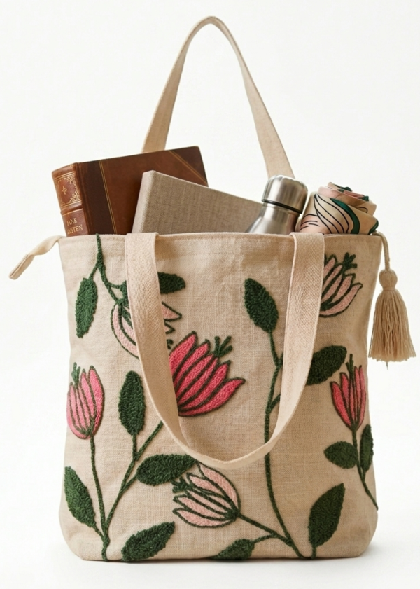 Gemini_Generated_Image_ahcnb8ahcnb8ahcn Hand-Embroidered Cotton Slub Tote Bag for Women | Premium Shoulder Bag with Zipper Closure & Tassel Accent | Eco-Friendly Shopping, Travel & College Handbag