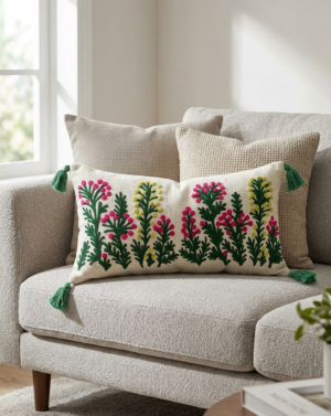 Gemini_Generated_Image_aqsz5xaqsz5xaqsz Embroidery Floral Lumbar Cushion Cover (14 x 36 Inch) – Decorative Boho Long Pillow Cover with Tassels, Artistic Embroidered Flower Design (1, Meadow Muse)