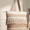 Handwoven Cotton Tote Bag with Bohemian Tassels and Pom-Poms – Stylish Textured Shoulder Bag for Daily Use, Beach, and Travel