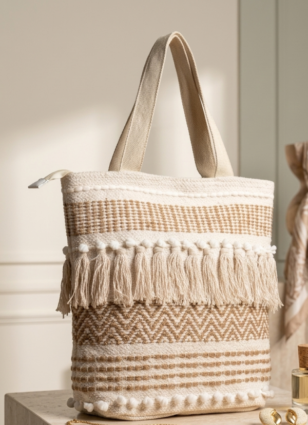 Handwoven Cotton Tote Bag with Bohemian Tassels and Pom-Poms – Stylish Textured Shoulder Bag for Daily Use, Beach, and Travel