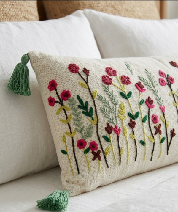 Embroidery Floral Lumbar Cushion Cover (14 x 36 Inch) – Decorative Boho Long Pillow Cover with Tassels, Artistic Embroidered Flower Design