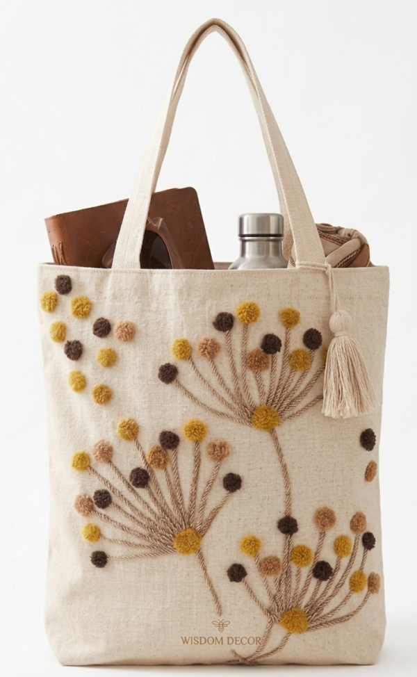 Hand-Embroidered Cotton Slub Tote Bag for Women | Premium Shoulder Bag with Zipper Closure & Tassel Accent | Eco-Friendly Shopping, Travel & College Handbag