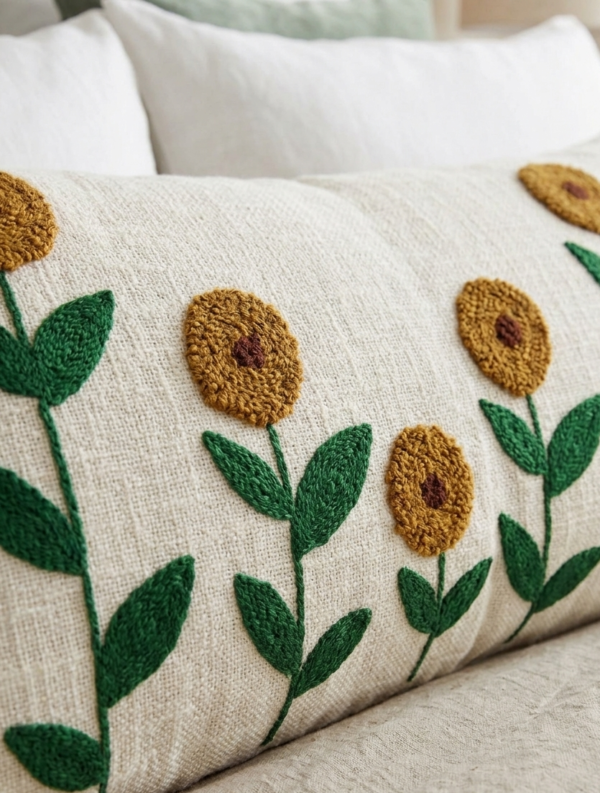 Embroidery Floral Lumbar Cushion Cover (14 x 36 Inch) – Decorative Boho Long Pillow Cover with Tassels, Artistic Embroidered Flower Design