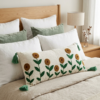 Embroidery Floral Lumbar Cushion Cover (14 x 36 Inch) – Decorative Boho Long Pillow Cover with Tassels, Artistic Embroidered Flower Design