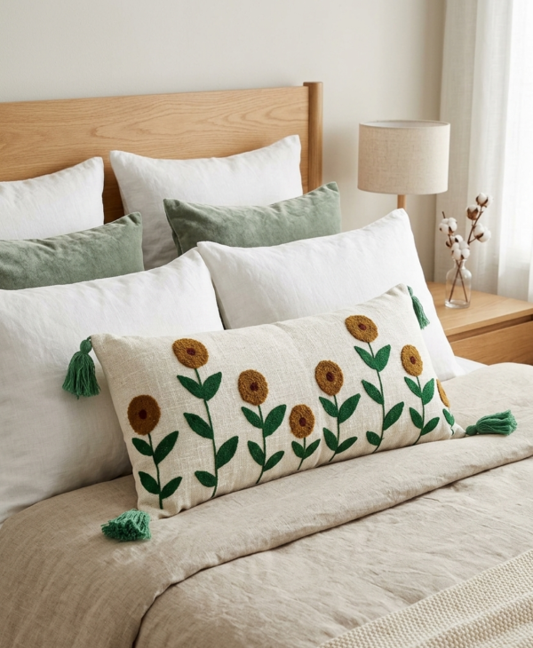 Embroidery Floral Lumbar Cushion Cover (14 x 36 Inch) – Decorative Boho Long Pillow Cover with Tassels, Artistic Embroidered Flower Design