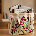 Floral Embroidered Canvas Tote Bag – Artisanal Boho Style Handbag with Tassel, Zipper Closure, and Spacious Interior for Books, Laptop, and Daily Essentials