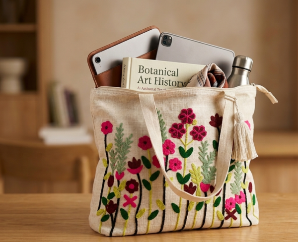 Floral Embroidered Canvas Tote Bag – Artisanal Boho Style Handbag with Tassel, Zipper Closure, and Spacious Interior for Books, Laptop, and Daily Essentials