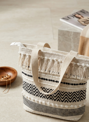 Boho Chic Cotton Tote Bag – Handwoven Artisan Shoulder Bag with Tassels, Geometric Patterns, and Secure Zipper Closure – Perfect for Beach, Travel, and Daily Use