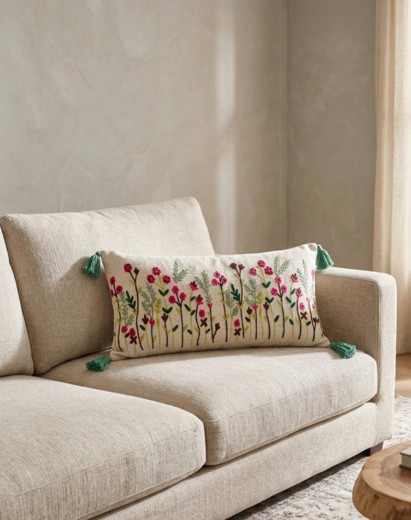Embroidery Floral Lumbar Cushion Cover (14 x 36 Inch) – Decorative Boho Long Pillow Cover with Tassels, Artistic Embroidered Flower Design