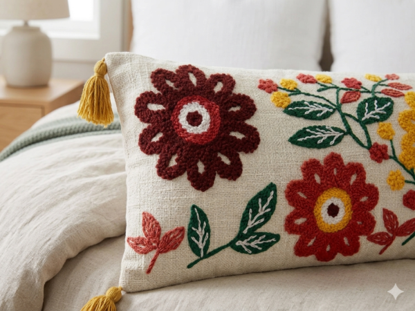 Gemini_Generated_Image_lzo2w1lzo2w1lzo2 Wisdom Decor Hand-Tufted Floral Lumbar Cushion Cover (14 x 36 Inch) – Decorative Boho Long Pillow Cover with Tassels, Artistic Embroidered Flower Design for Bed, Sofa, and Living Room Decor