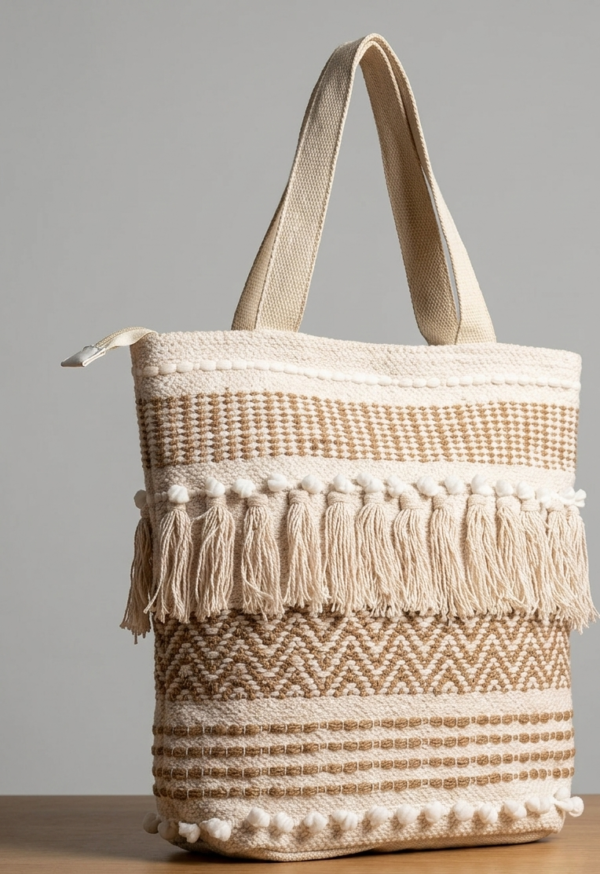Handwoven Cotton Tote Bag with Bohemian Tassels and Pom-Poms – Stylish Textured Shoulder Bag for Daily Use, Beach, and Travel