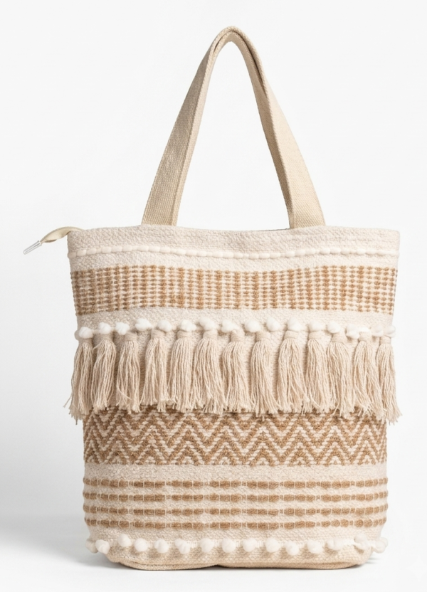 Handwoven Cotton Tote Bag with Bohemian Tassels and Pom-Poms – Stylish Textured Shoulder Bag for Daily Use, Beach, and Travel