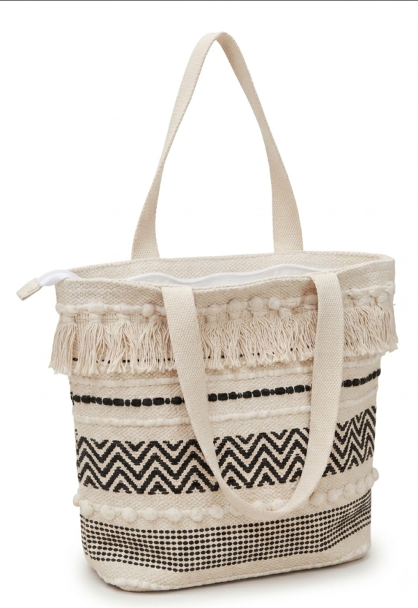 Boho Chic Cotton Tote Bag – Handwoven Artisan Shoulder Bag with Tassels, Geometric Patterns, and Secure Zipper Closure – Perfect for Beach, Travel, and Daily Use