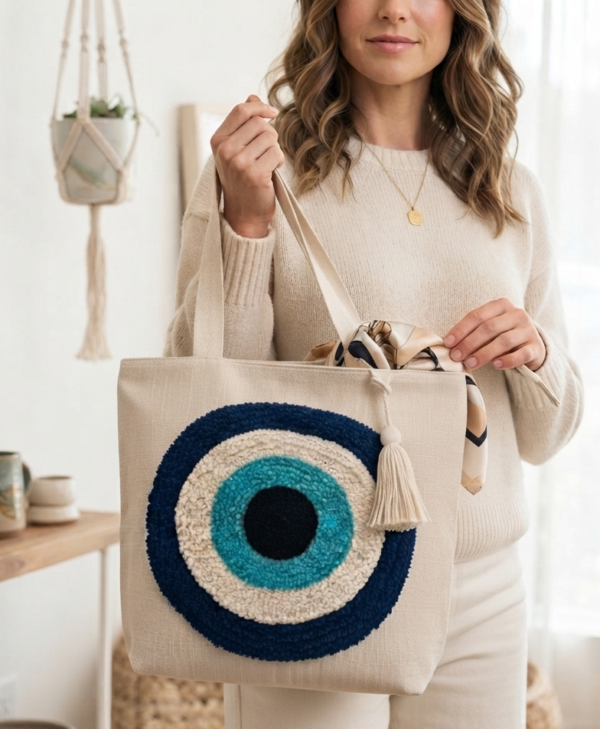 Gemini_Generated_Image_1i751i1i751i1i75 Hand-Embroidered Cotton Slub Tote Bag for Women | Premium Shoulder Bag with Zipper Closure & Tassel Accent | Eco-Friendly Shopping, Travel & College Handbag