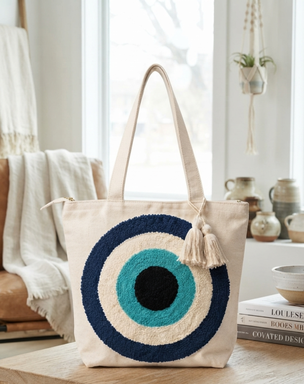 Gemini_Generated_Image_idm6ppidm6ppidm6 Hand-Embroidered Cotton Slub Tote Bag for Women | Premium Shoulder Bag with Zipper Closure & Tassel Accent | Eco-Friendly Shopping, Travel & College Handbag