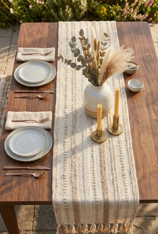 Gemini_Generated_Image_t9xlmbt9xlmbt9xl Premium Cotton Dining Table Runner, 14 x 72 Inch, Farmhouse Style Table Decor with Elegant Tassels, Perfect for Dining, Coffee, and Console Tables