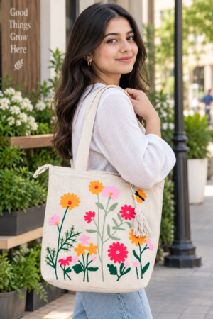 8b4046b8-961f-4035-95b6-c60fafbf17a4 Hand-Embroidered Cotton Slub Tote Bag for Women | Premium Shoulder Bag with Zipper Closure & Tassel Accent | Eco-Friendly Shopping, Travel & College Handbag