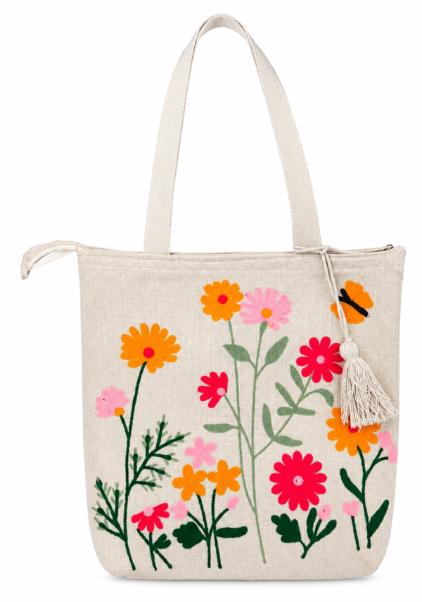 ChatGPT Image Aug 12, 2026, 05_16_47 PM Hand-Embroidered Cotton Slub Tote Bag for Women | Premium Shoulder Bag with Zipper Closure & Tassel Accent | Eco-Friendly Shopping, Travel & College Handbag