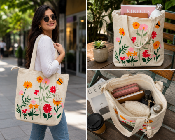ChatGPT Image Aug 12, 2026, 05_34_54 PM Hand-Embroidered Cotton Slub Tote Bag for Women | Premium Shoulder Bag with Zipper Closure & Tassel Accent | Eco-Friendly Shopping, Travel & College Handbag
