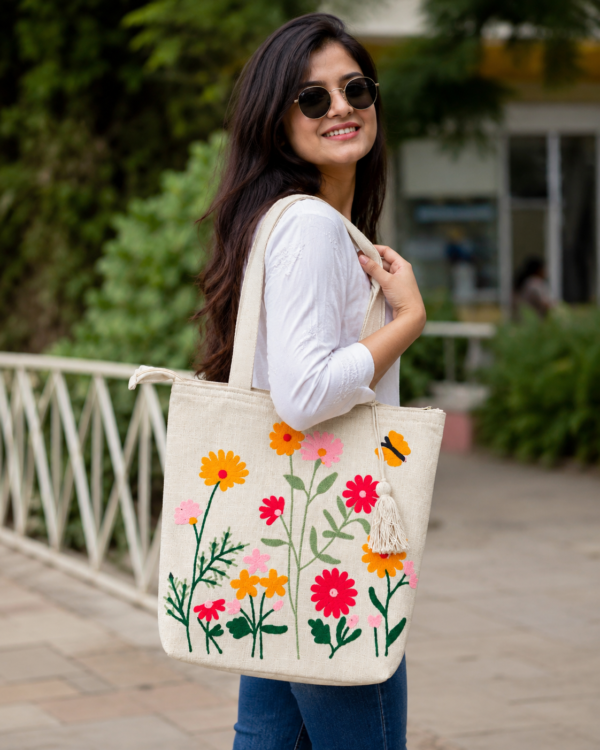 ChatGPT Image Aug 12, 2026, 05_35_14 PM (1) Hand-Embroidered Cotton Slub Tote Bag for Women | Premium Shoulder Bag with Zipper Closure & Tassel Accent | Eco-Friendly Shopping, Travel & College Handbag