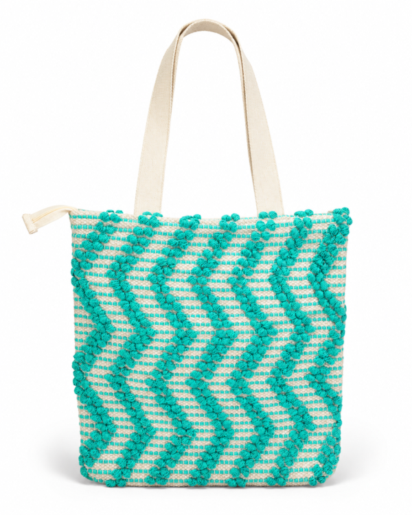 ChatGPT Image Aug 2, 2026, 01_02_54 PM Handwoven Cotton Tote Bag with Blue Geometric Pattern, Bohemian Tassels, and Pom-Poms – Stylish Shoulder Bag for Daily Use, Beach, and Travel