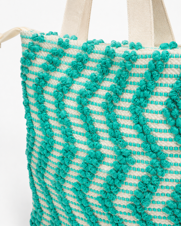 ChatGPT Image Aug 2, 2026, 01_04_11 PM Handwoven Cotton Tote Bag with Blue Geometric Pattern, Bohemian Tassels, and Pom-Poms – Stylish Shoulder Bag for Daily Use, Beach, and Travel