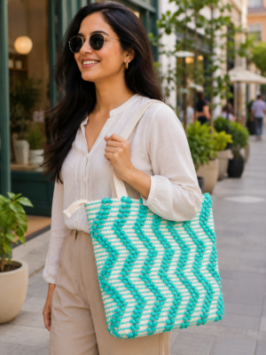 ChatGPT Image Aug 2, 2026, 01_06_21 PM Handwoven Cotton Tote Bag with Blue Geometric Pattern, Bohemian Tassels, and Pom-Poms – Stylish Shoulder Bag for Daily Use, Beach, and Travel