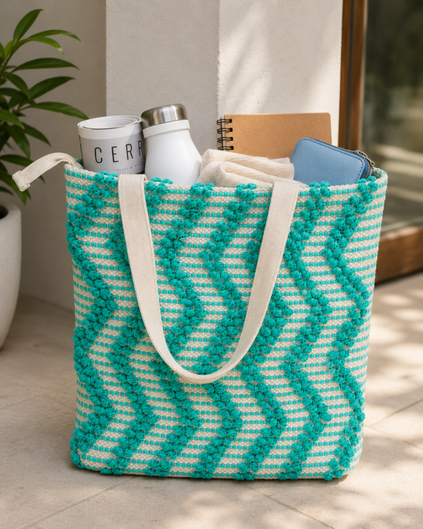 ChatGPT Image Aug 2, 2026, 01_08_21 PM Handwoven Cotton Tote Bag with Blue Geometric Pattern, Bohemian Tassels, and Pom-Poms – Stylish Shoulder Bag for Daily Use, Beach, and Travel