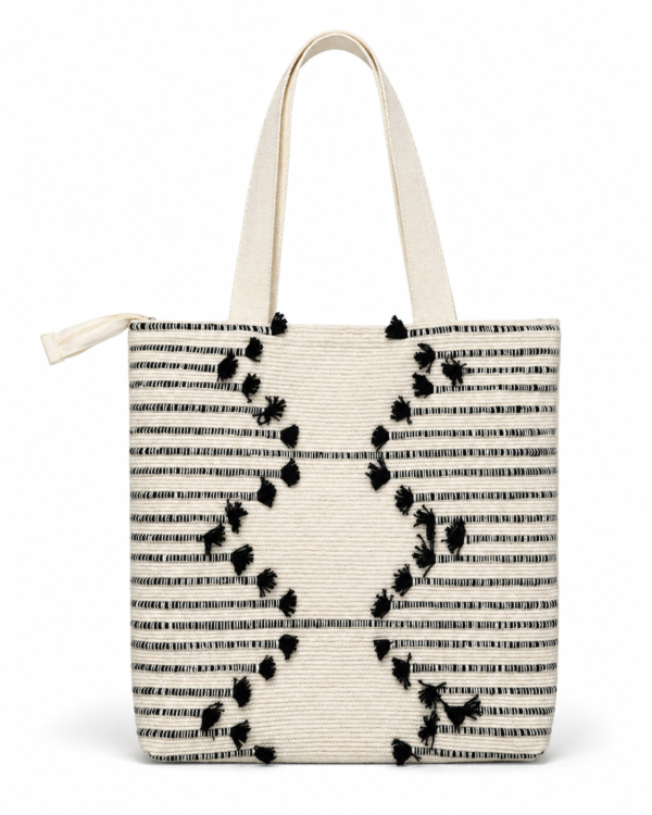 ChatGPT Image Aug 2, 2026, 12_46_44 PM Handwoven Cotton Tote Bag with Blue Geometric Pattern, Bohemian Tassels, and Pom-Poms – Stylish Shoulder Bag for Daily Use, Beach, and Travel