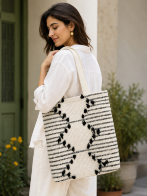 ChatGPT Image Aug 2, 2026, 12_48_08 PM Handwoven Cotton Tote Bag with Blue Geometric Pattern, Bohemian Tassels, and Pom-Poms – Stylish Shoulder Bag for Daily Use, Beach, and Travel