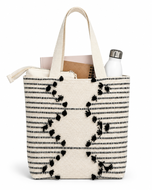ChatGPT Image Aug 2, 2026, 12_52_55 PM Handwoven Cotton Tote Bag with Blue Geometric Pattern, Bohemian Tassels, and Pom-Poms – Stylish Shoulder Bag for Daily Use, Beach, and Travel