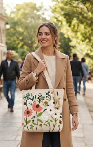 Gemini_Generated_Image_kq9531kq9531kq95 Hand-Embroidered Cotton Slub Tote Bag for Women | Premium Shoulder Bag with Zipper Closure & Tassel Accent | Eco-Friendly Shopping, Travel & College Handbag