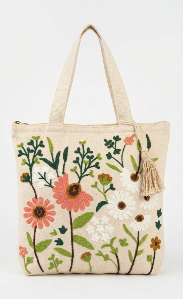 Hand-Embroidered Cotton Slub Tote Bag for Women | Premium Shoulder Bag with Zipper Closure & Tassel Accent | Eco-Friendly Shopping, Travel & College Handbag